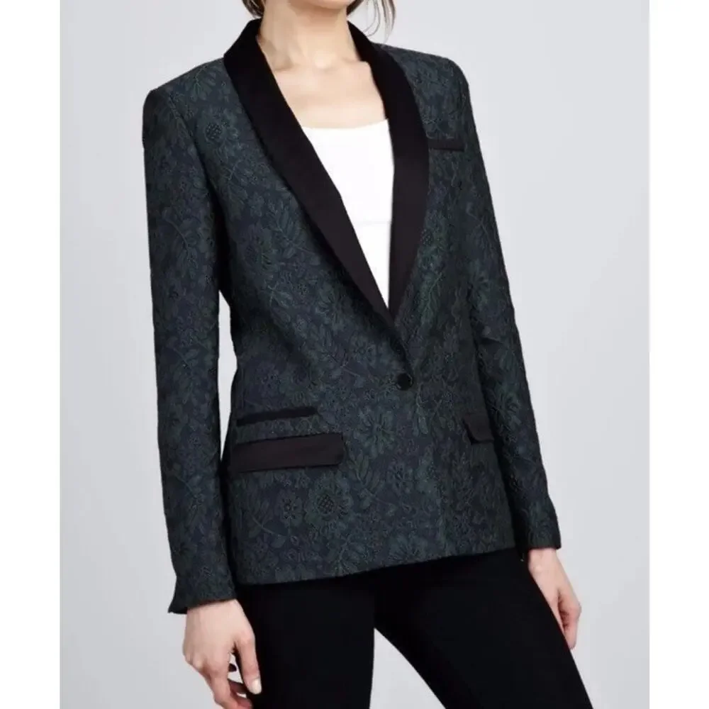 Elizabeth and James‎ Blazer Sz 0 Small Jacket Emerald Green Jacquard Glam Luxury